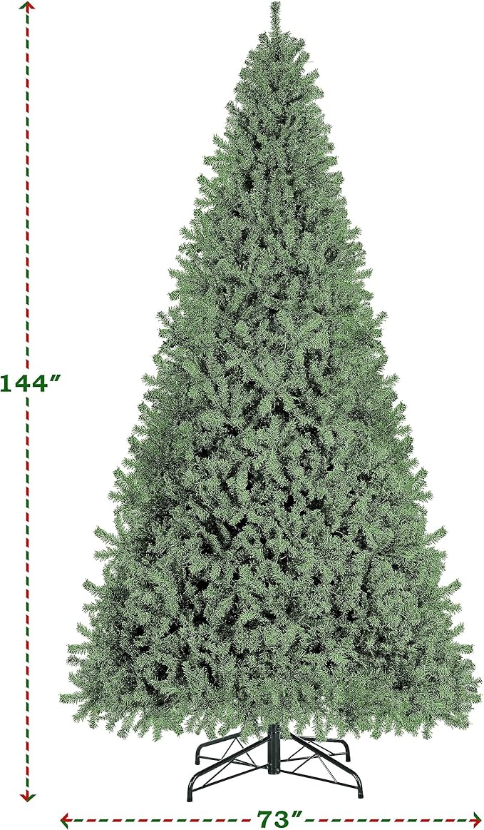Yaheetech 12ft Pre-lit Spruce Artificial Hinged Christmas Pine Tree Prelighted Holiday Xmas Tree for Home Party Decoration with 1500 Warm White Lights and 4668 Branch Tips, Green