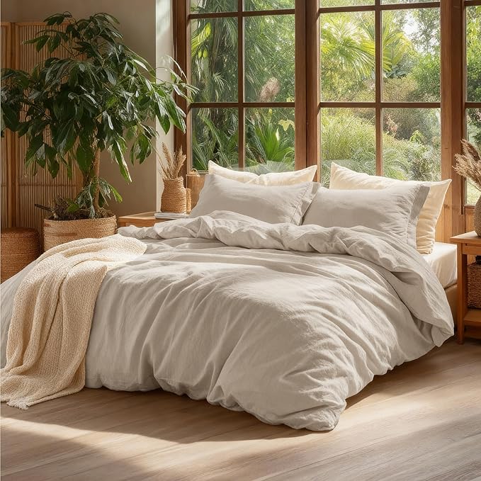 Bedsure 100% Washed Cotton Duvet Cover Oversized Queen - Oatmeal Minimalist Cotton Duvet Cover Linen Like for All Seasons - GentleSoft™ Plain Simple Bedding,Oatmeal, Oversized Queen, 98"x98"