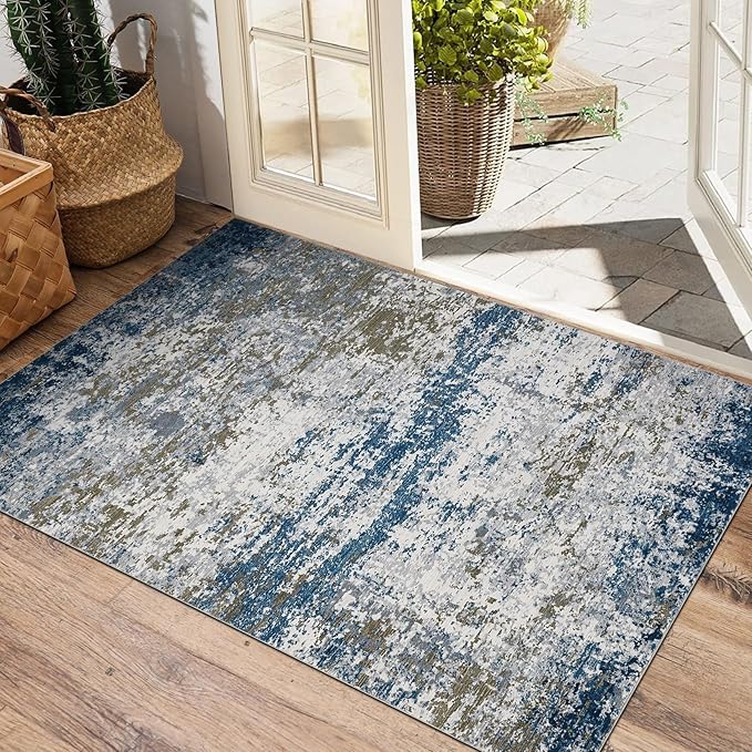 Modern Abstract 2x3 Area Rug Non Slip Non Shedding Low Pile Stain Resistant Rug for Entryway Kitchen Bedroom,Navy