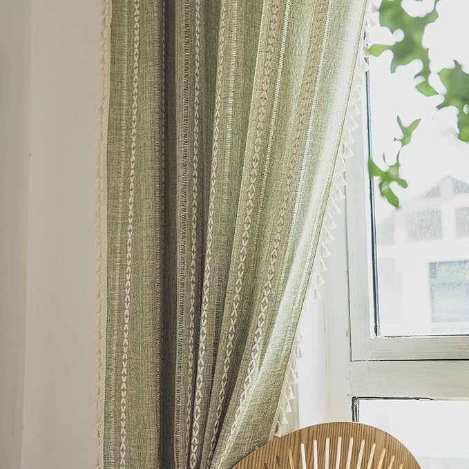 Sutuo Home Boho Curtain for Bedroom Living Room Nursery, Semi-Blackout French Country Farmhouse Vintage Linen Shabby Chic Tassels Hollow Window Treatment Bohemian Drape, 1 Panel 52" W x 72" L, Green