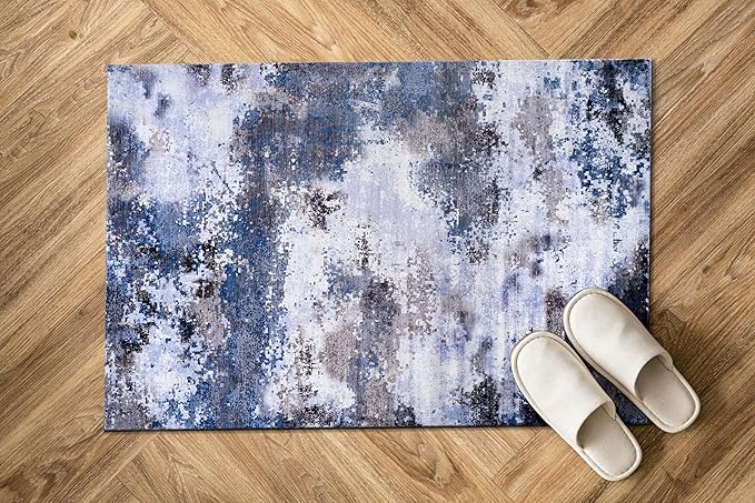 Non Slip Rugs 2x3 Modern Abstract Easy Silk Rubber Backing Soft Entryway Area Rug for Door Mat Easy to Clean Non Shedding Kitchen for Bedroom Indoor Carpet (Navy - Blue, 2x3)