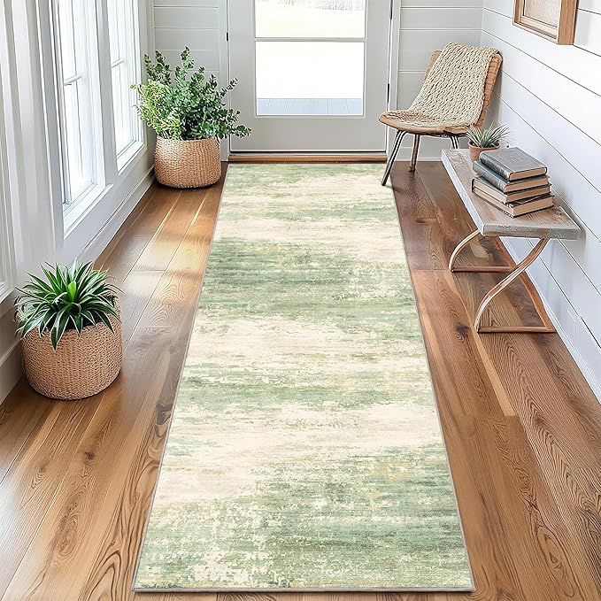 2.6x8 Modern Abstract Rug Washable Area Rugs for Living Room Bedroom Dining Room Non-Slip Low Pile Neutral Large Rug Soft Indoor Floor Carpet, Green