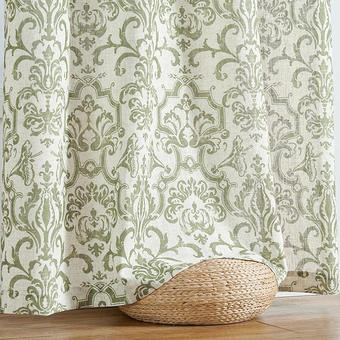 jinchan Curtains for Bedroom, Light Filtering 63 Inch Length 2 Panels Set, Baroque Style Linen Blend Drapes Living Room, Vintage Damask Window Treatments, Grommet Top Sage Green on Flax, W52 X L63