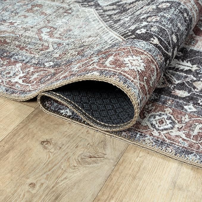 Bloom Rugs Washable Non-Slip 4' x 6' Rug - Charcoal/Brown Traditional Medallion Area Rug for Living Room, Bedroom, Dining Room, and Kitchen - Exact Size: 4' x 6'