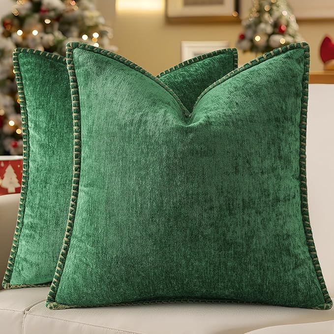 decorUhome Christmas Chenille Soft Throw Pillow Covers 20x20 Set of 2, Farmhouse Velvet Neutral Decorative Euro Pillow Covers with Stitched Edge for Couch Sofa Bed Home Decor, Green