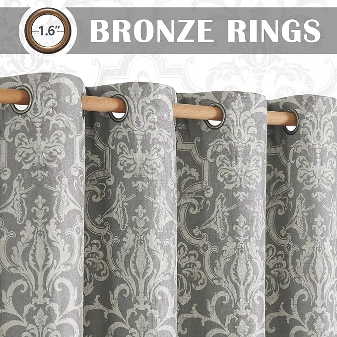 jinchan Room Darkening Curtains for Bedroom Grey Damask Patterned Curtains 63 Inch Length for Living Room Linen Textured Vintage Drapes Medallion Window Treatments Grommet Top 2 Panels Set