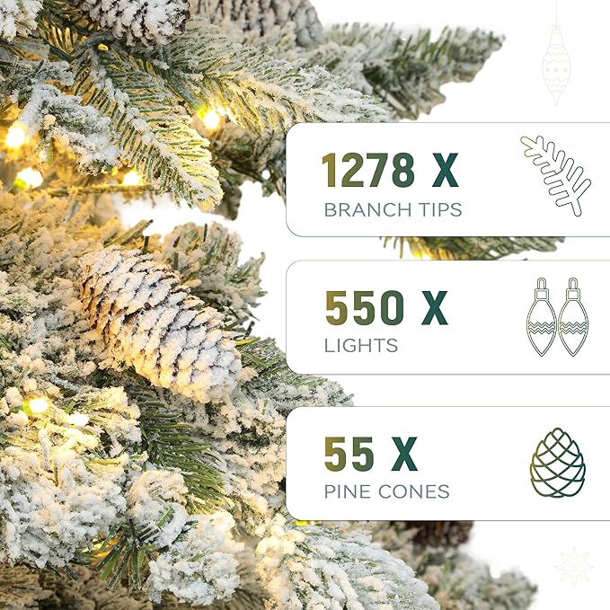 YITAHOME 7.5FT Prelit Flocked Christmas Tree w/Remote, Pre-Decorated Mountain Pine Hierarchical Tower Flocked Xmas Tree w/ 1278 Tips, 55 Pine Cones, 550 Lights & 11 Modes for Home, Party Decoration