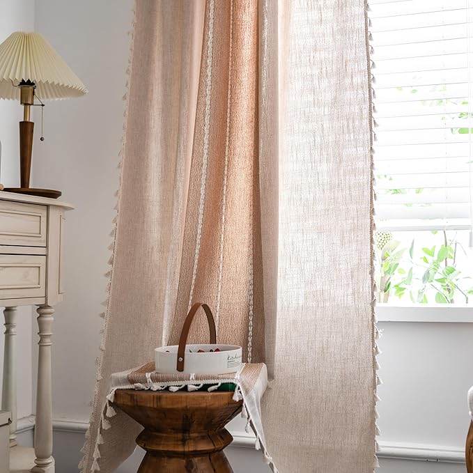 Sutuo Home Boho Curtains 90 inches for Living Room Bedroom, Semi Blackout Linen Farmhouse Shabby Chic Tassel Window Treatment Bohemian Embroidery Drape, Rod Pocket 1 Panel 52" W x 90" L, Coffee Linen