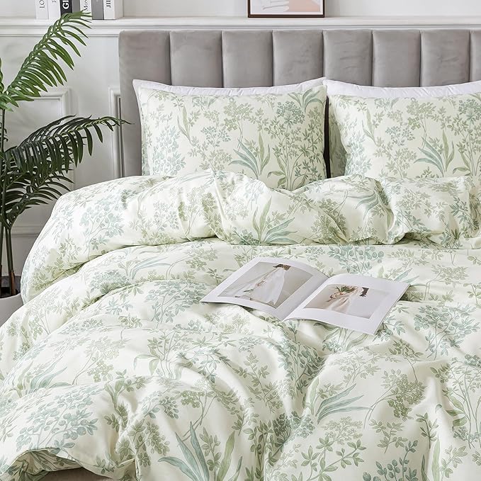 HoneiLife Cotton Duvet Cover Queen - Floral Comforter Cover 3-PC, Botanical Bedlinen Sets with Zipper Closure & Corner Ties, Wildflower Comforter Cover Sets