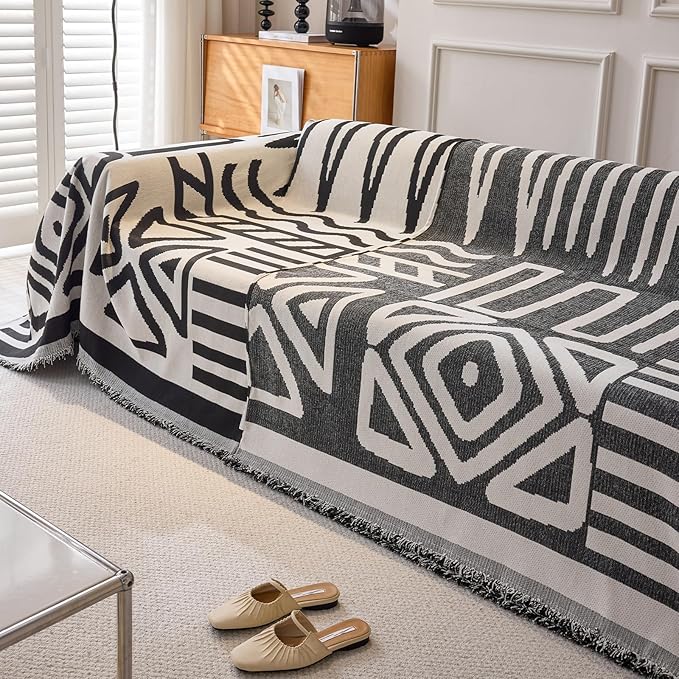 DREAMINGO Boho Couch Cover Washable Chenille Sofa Cover Blanket Beige Black Furniture Protector for Sectional 2 Cushion Couch Geometric Jacquard Reversible Loveseat Slipcover, Large 71"x118"