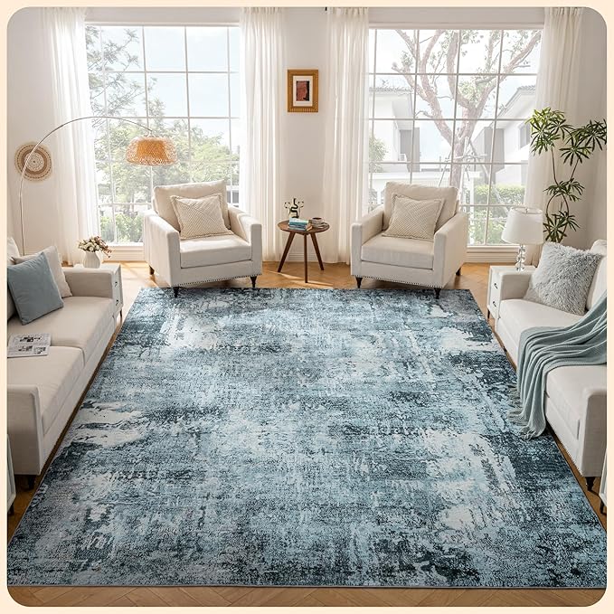 Istana Living Room Rug 10x14 - Blue 10 x 14 Area Rug - Foldable Machine Washable Area Rugs 10x14 - Stylish 10x14 Area Rugs Boho - Stain Resistant Washable Rug 10x14