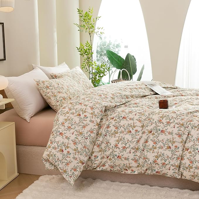 ECOCOTT Floral Duvet Cover Queen Size – 3 Piece 100% Washed Cotton Bedding Set with Zipper Closure, Soft Lightweight Breathable Botanical Print Comforter Cover for Spring Summer Bedroom Decor