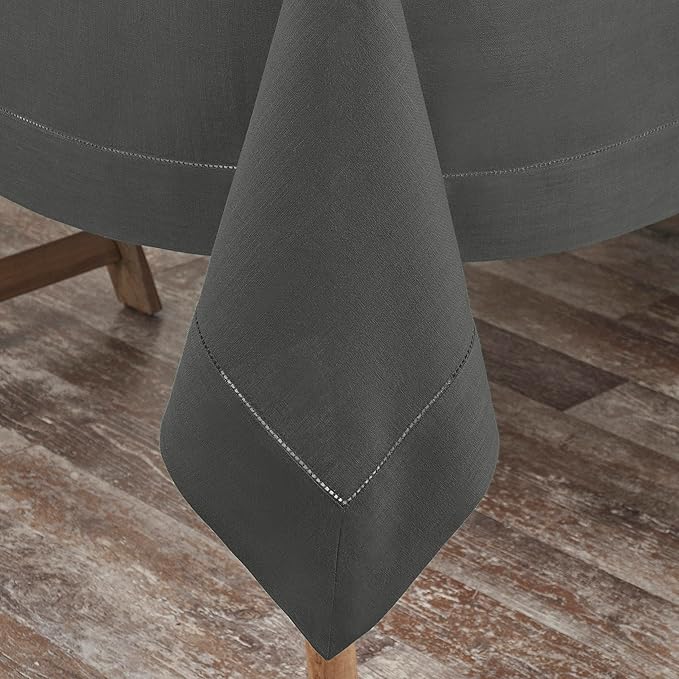 D'Moksha Homes Charcoal Grey Linen Tablecloth 60 x 120 Inch - 100% Pure Linen Hemstitch Tablecloth for Rectangle Tables - Classic Hemstitch, Machine Washable Table Cloth for Thanksgiving