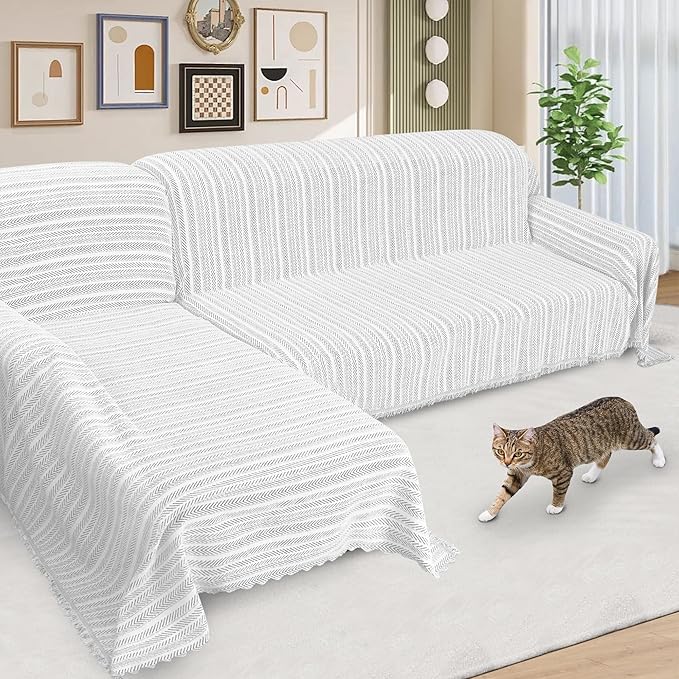 ALIECOM Boho Couch Covers for Sectional Sofa 2 Piece Thick Chenille L Shape Sectional Sofa Cover for Dogs Couch Blanket Sofa Slipcover Pet Furniture Protector Washable (X-Large, Lines Light Grey)