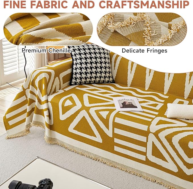 VClife Boho Couch Cover Soft Thick Chenille Couch Covers for Sectional Sofa, Bohemian Jacquard Couch Cover for 2 Cushion Couch Sofa Washable Breathable Furniture Protector, Mustard Yellow, 71"x118"
