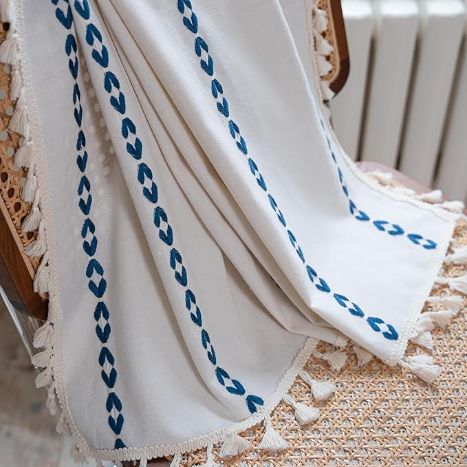 Sutuo Home Boho Curtains 72 inches for Bedroom Living Room, Semi Blackout Farmhouse Vintage Tassels Window Treatment Bohemian Embroidery Drape, Rod Pocket 1 Panel 52" W x 72" L, White and Navy Blue