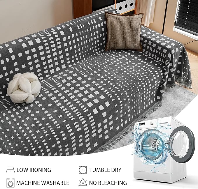 MEETSKY Boho Couch Cover Sofa Covers, Chenille Geometric Dark Grey Couch Covers for 2 Cushion Couch Sofa for Dogs, Washable Slipcover for Cat Sofa Protector with Tassels,71" x 118"