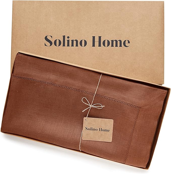 Solino Home Linen Cinnamon Tablecloth 60 x 120 Inch - Classic Hemstitch, 100% Pure Linen Rectangular Tablecloth - Machine Washable Table Cloth for Fall, Autumn, Winter, Thanksgiving