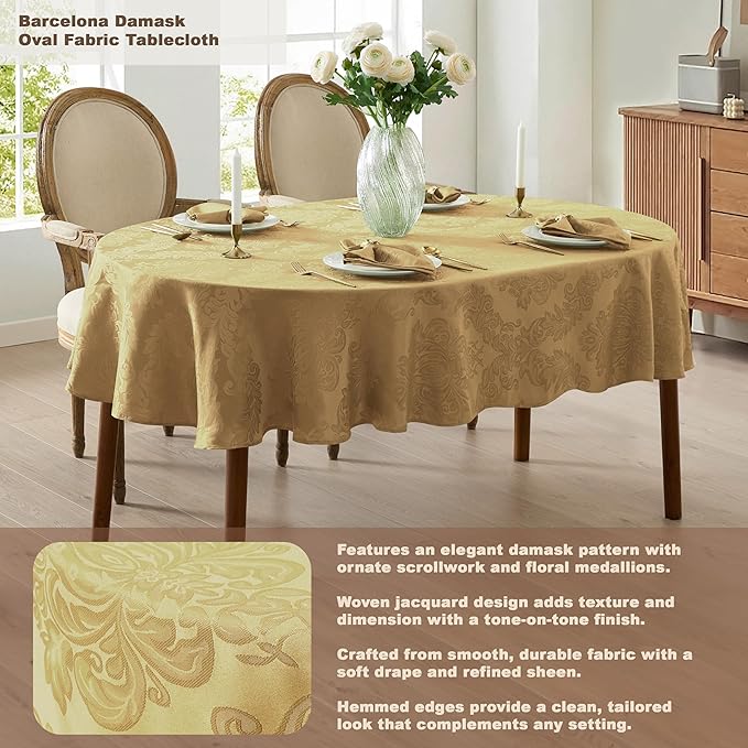 Newbridge Barcelona Damask Fabric Tablecloth, 60 x 84 Inch Oval, Gold – No Iron, Soil Resistant Table Cover for Dining, Parties and Holidays