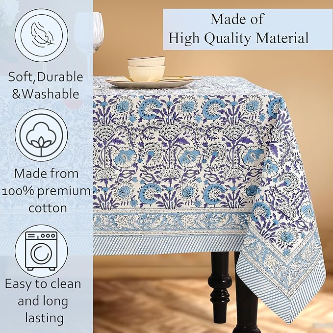 CPC Tablecloth 100% Cotton 72x160 Inch Indian Block Print Rectangle Table Cover, Blue Table Cloth for Weddings, Spring/Summer, Barbeque - Indigo Blue