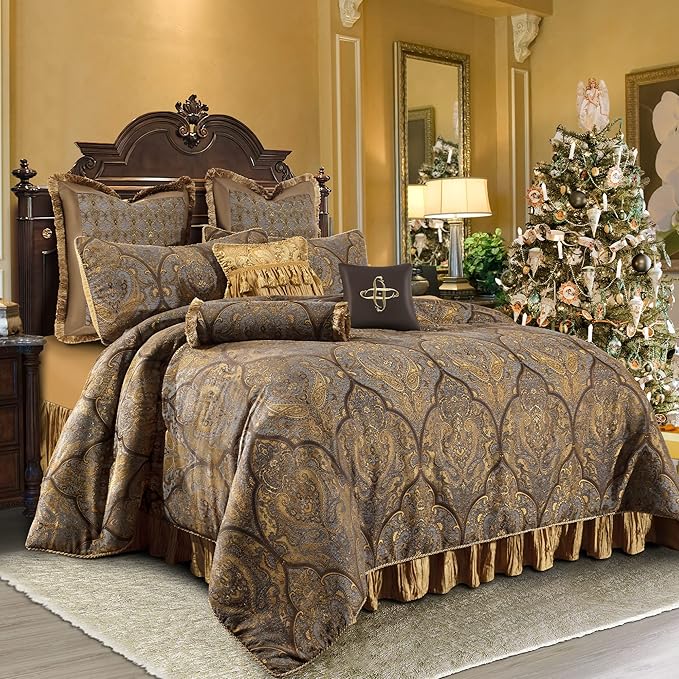 Loom and Mill 9-Piece Jacquard Comforter Set, Luxury Classic Antique Comforter Queen Sets, Ultra Soft Damask Bedding with Euro Shams, Bedskirt, Filled Decorative Pillow for Home (Bronze Gold, Queen)
