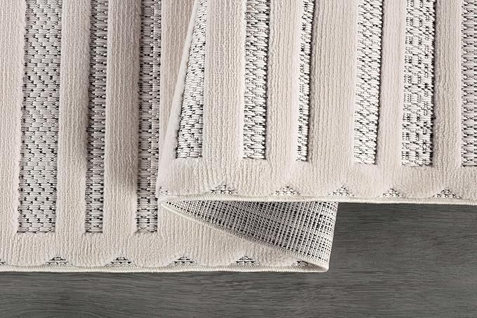 CAMILSON Modern Rug 9x12 Luxury Striped Line Large Micro Loop Area Rugs Soft High-Low Pile Stain Resistant Easy to Clean Non-Shedding Durable Living Room Office Indoor Carpet (White)