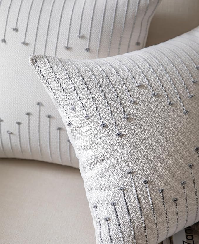 Caflife Boho Throw Pillow Covers 22x22 Set of 2 Decorative Pillows for Bed, Neutral Pillow Covers Beige with Grey Line Throw Pillows for Modern Farmhouse Couch Sofa Living Room Outdoor