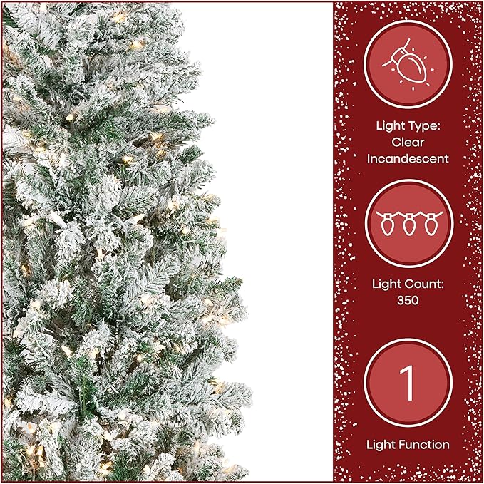 National Tree Company 7.5 ft Pre-Lit Flocked Acacia Slim Artificial Christmas Tree, 350 Clear Lights, 641 Tips, Includes Stand, Green
