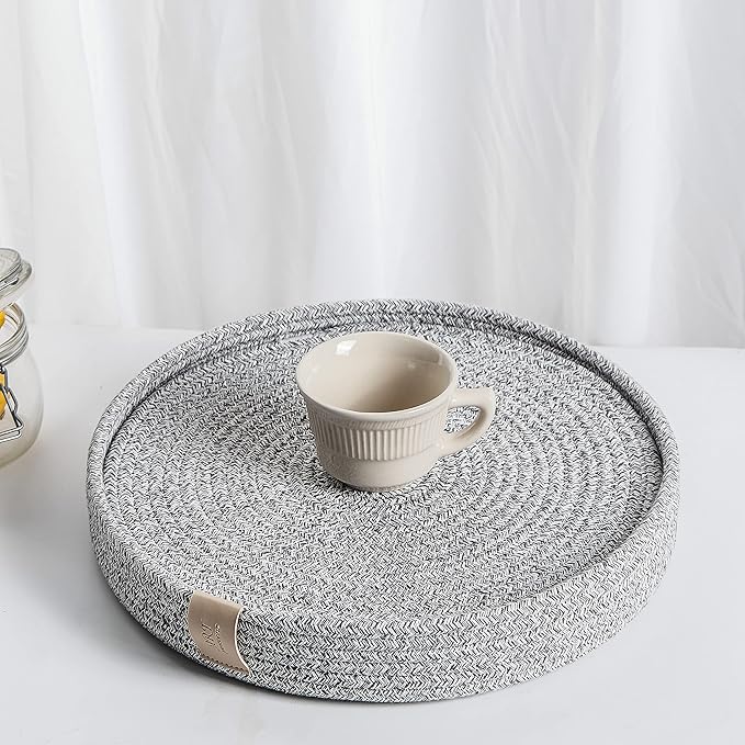 Art PineCone's Woven Cotton Rope Round Placemats Set of 4 with Holder Included, Non-Slip, and Heat Resistant Shabby Chic Placemats (Heather Gray, 13 inch)