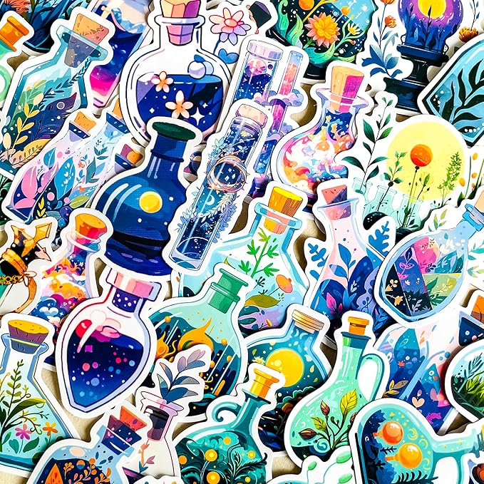 50Pcs Fantasy Nature Botanical Magic Potion Bottle Stickers – Cute Plant Floral Apothecary Stickers for Journals, Laptops, Water Bottles,Scrapbooking