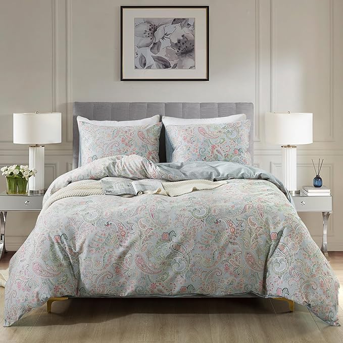 HoneiLife Wildflower Duvet Cover King - 100% Cotton Comforter Cover Sets, 3-PC Comfortable Floral Duvet Cover Sets,Soft & Breathable Duvet Cover with Zipper Closure & Corner Ties, Paisley