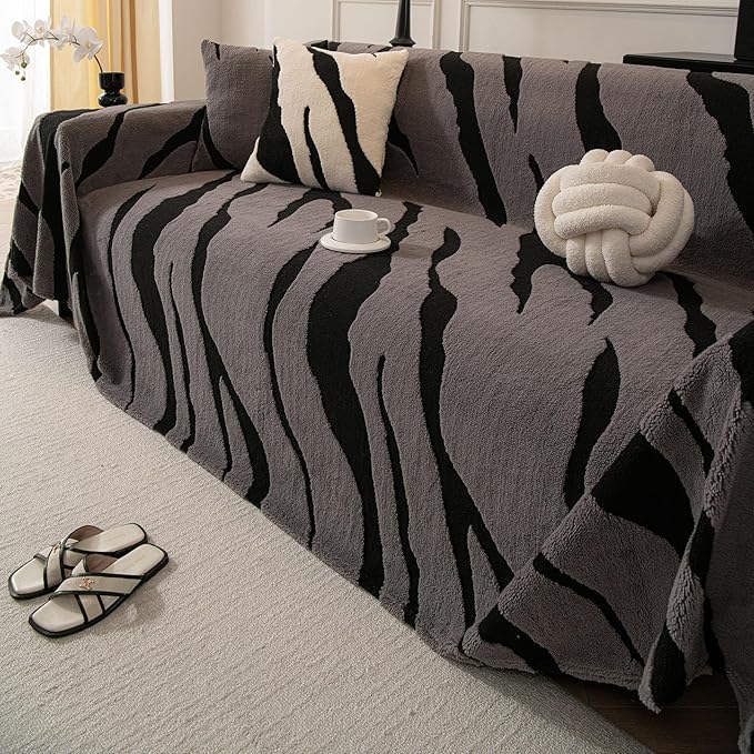 ROOMLIFE Striped Boho Gray Couch Cover for 2-3 Cushion Sofa, Fuzzy Plush Warm Sofa Slipcovers Sectional Sofas Covers, Non Slip Washable Furniture Protector Soft with Tassel,Winter 71''X134”