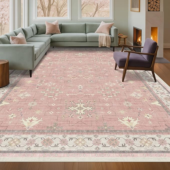 Pink Washable 6x9 Rug for Bedroom - Nursery Floral Girls Room Rug Machine Washable Non Slip Kids Playroom Mat, Cute Girly Thin Low Pile Stain Resistant Living Room Decor