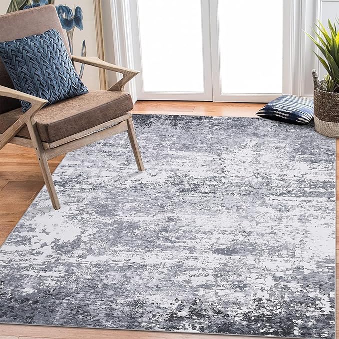 6x9 Modern Abstract Area Rug Non Slip Non Shedding Low Pile Stain Resistant Rug Soft Carpet for Bedroom Living Room, Light Grey