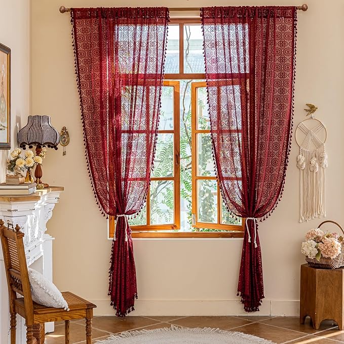 Burgundy Lace Curtains 84 inches Long 2 Panels Victorian Floral Maroon Lace Sheer Curtain Panels with Tassels Dark Red Christmas Curtains for Living Room Bedroom Privacy 59 W x 84 L Red Wine