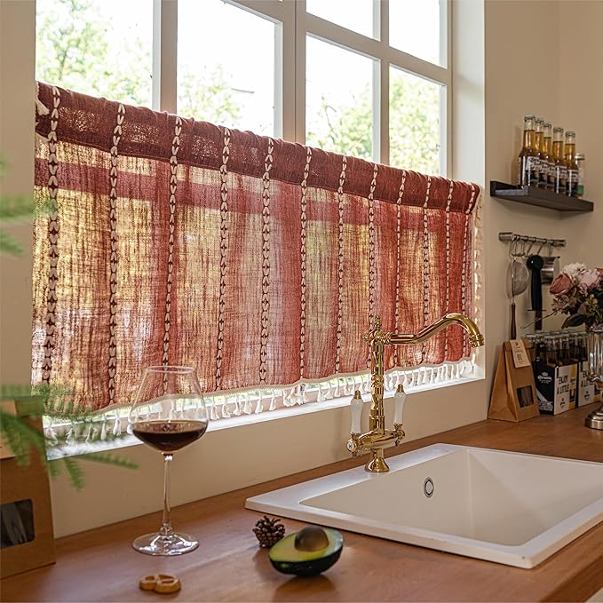 Sutuo Home Boho Valance Short Curtains For Windows Tier, Bohemian Linen Tassles Light Filtering Vintage French Country Window Treatment Fall Curtain Drape, Rod Pocket 1 Panel 52" W x 18" L, Terracotta