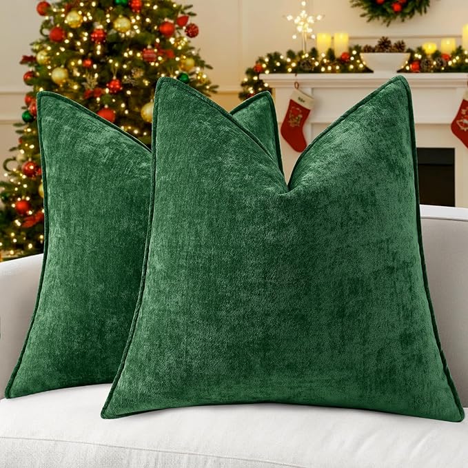 decorUhome Christmas Couch Throw Pillow Covers 16x16 Set of 2, Decorative Soft Euro Velvet Neutral Chenille Pillow Covers with Elegant Design for Sofa Bed Living Room Home Decor, Green