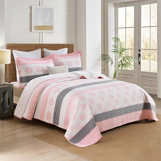 Homzard Quilts Queen Size,Cotton Pink Comforter Set Queen,Pink White Grey Bedding Set,Striped Floral Pattern Bedspread (90 * 98 Inches),3 Piece