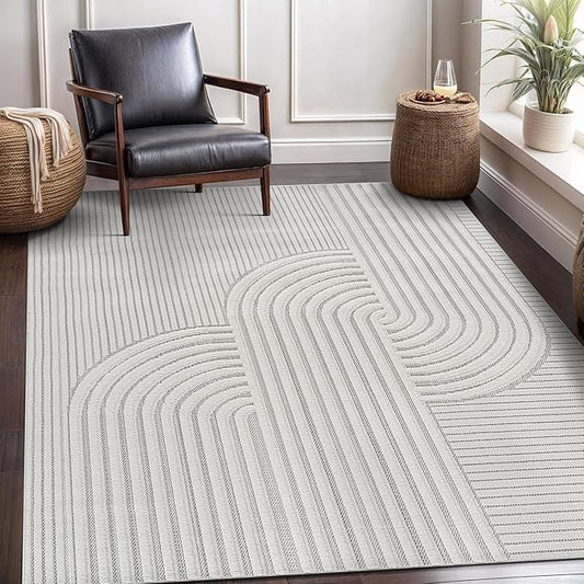 CAMILSON Modern Rug 6x9 Luxury Swirl Curved Micro Loop Area Rugs Soft High-Low Pile Stain Resistant Easy to Clean Non-Shedding Durable Living Room Bedroom Indoor Carpet (White)