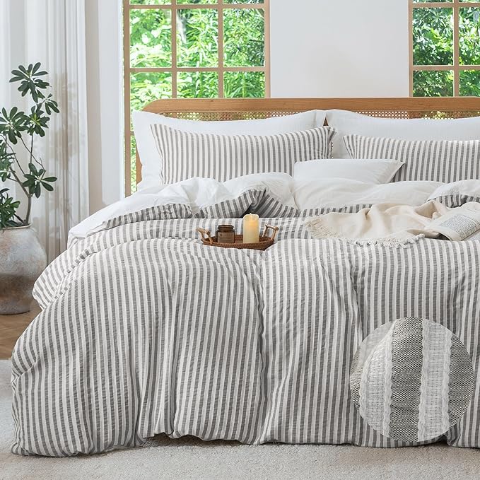 MILDLY Jacquard Stripe Duvet Cover - 100% Washed Cotton Boho Textured Comforter Cover Set 3pcs with Zipper Closure 104"x90"