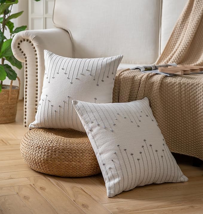Caflife Boho Throw Pillow Covers 22x22 Set of 2 Decorative Pillows for Bed, Neutral Pillow Covers Beige with Grey Line Throw Pillows for Modern Farmhouse Couch Sofa Living Room Outdoor