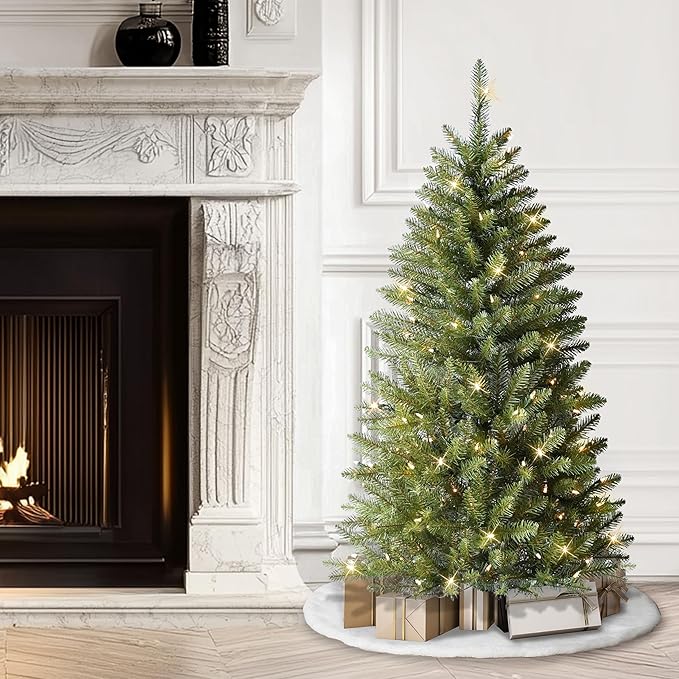 Puleo International 4.5ft Pre-Lit Slim Fraser Fir Christmas Tree with 401 Clear Lights, 150 Realistic Dense Branch Tips, Easy Setup Artificial Trees with Sturdy Metal Stand