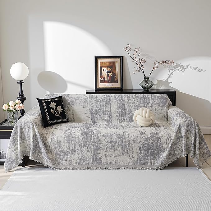MEETSKY Boho Couch Cover for 2 Cushion Couch Sofa, Chenille Sofa Cover for Sectional Sofa, Modern Khaki Abstract Jacquard Sofa Covers Washable Sofa Slipcover for Pets Friendly, 91" X118", Light Grey