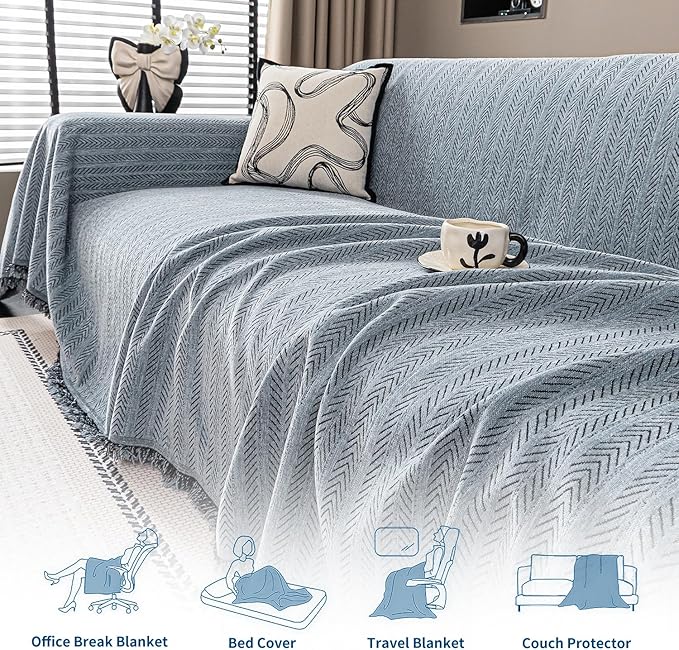 Nobildonna Sofa Cover Washable Soft Thicken Chenille Couch Cover with Tassel,Waterproof Sofa Slipcover for 3-4 Cushion Couch,Sectional Sofa,L-Shaped Furniture Protector Pet-Friendly,Dusty Blue91 x134