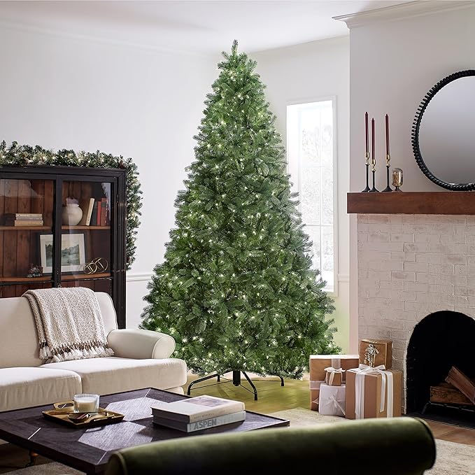 National Tree Company 9 ft Pre-Lit Downswept Douglas Fir Artificial Christmas Tree, 900 LED Lights, 3,185 Tips, PowerConnect, Foot Pedal, 10 Light Functions, Includes Stand, Green