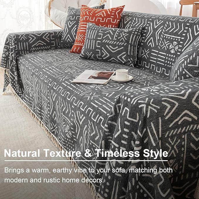 VClife Couch Cover Japanese Style Sofa Cover with Tassel, Soft Chenille Boho Couch Covers Sofa Covers Washable White Black Furniture Cover for Living Room 71''x134''