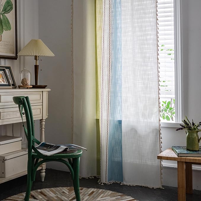 Sutuo Home Boho Curtains 63 inches for Bedroom Living Room, Semi Blackout Linen Farmhouse Tassels Window Treatment Bohemian Embroidery Drape, Rod Pocket 1 Panel 52" W x 63" L, Green Blue Striped Linen