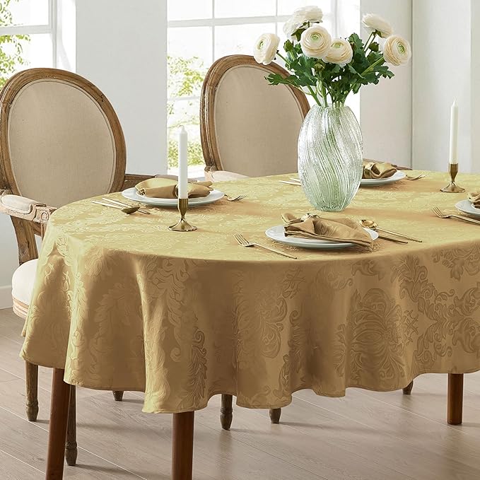 Newbridge Barcelona Damask Fabric Tablecloth, 60 x 84 Inch Oval, Gold – No Iron, Soil Resistant Table Cover for Dining, Parties and Holidays