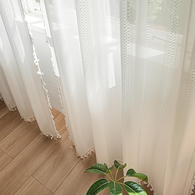 Sutuo Home Ivory Boho Curtains 2 Panels 96 Inches Length for Bedroom Living Room Patio, Window Treatments Bohemian Sheer Knitted Crochet Lace Vintage Drapes Pair Tassels, Rod Pocket, 52" x 96"