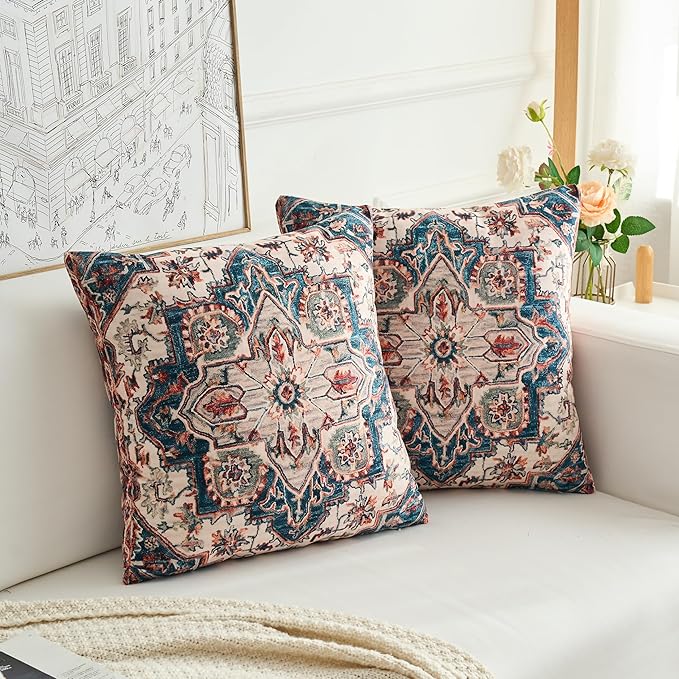 Boho Throw Pillow Covers 22x22 inch Set of 2,Boho Vintage Carpet Pattern Antique Ethnic Decor Double Sided Pattern Cushion Cover Soft Pillow Case Living Sofa Room Bed Square Pillow Cover